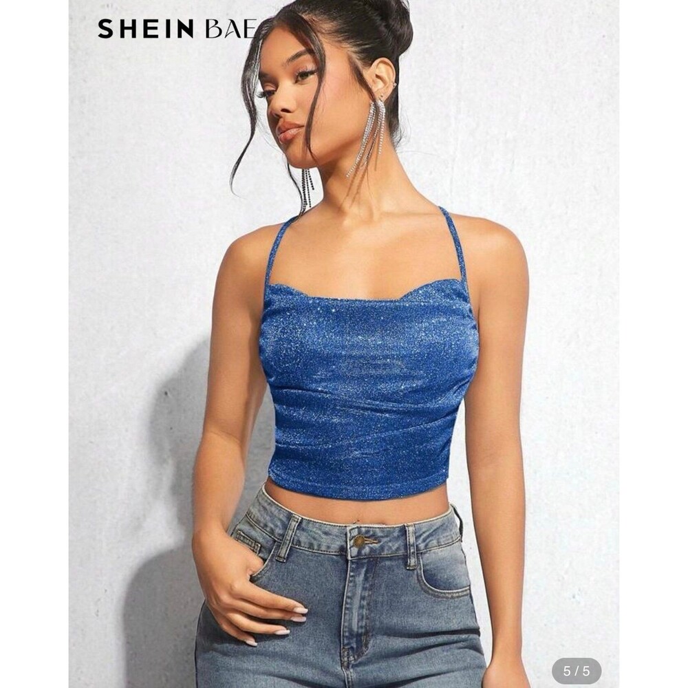 SHEIN BAE Draped Crisscross Backless Ruched Glitter Cami‎ Top Size Medium